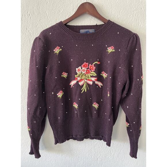Vintage Herman Geist Hand Embroidered Wool Blend Floral Sweater Padded Size LG - Picture 1 of 10